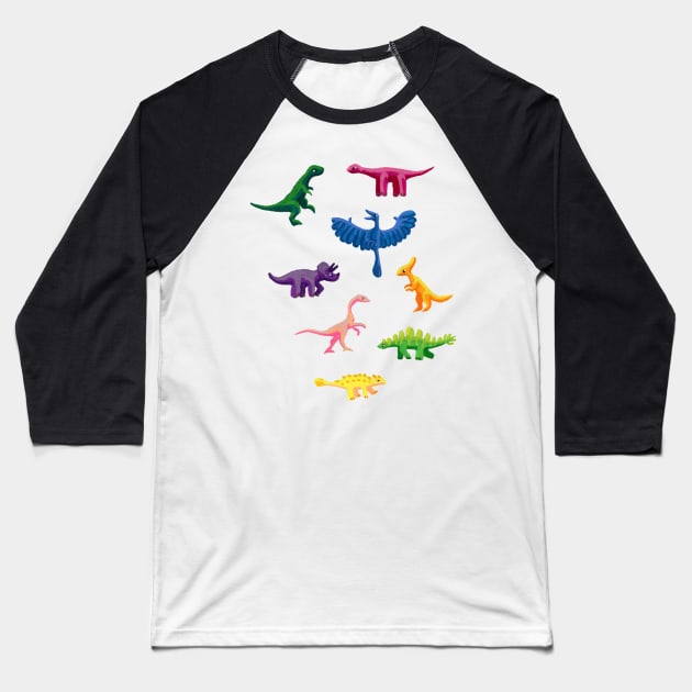 Tiny Colorful Gouache Dinosaurs Baseball T-Shirt by paintedpansy